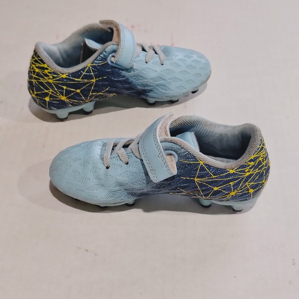 Light Blue Kids Athletic Cleats with Yellow Accent Size 11